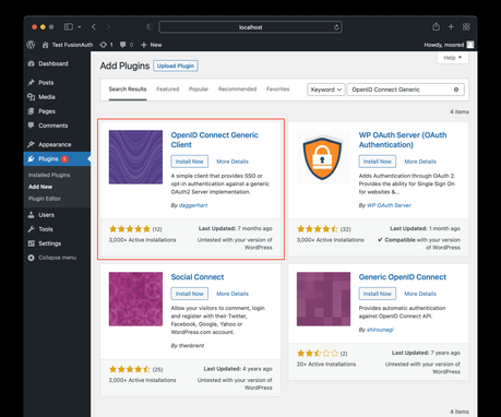 Comment configurer l’authentification unique entre FusionAuth et WordPress Sélection du plugin WordPress OIDC.