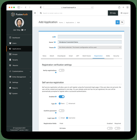 Comment configurer l’authentification unique entre FusionAuth et WordPress Créer l'onglet d'inscription de l'application.