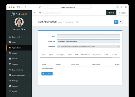 Comment configurer l’authentification unique entre FusionAuth et WordPress Écran initial de création d'application.