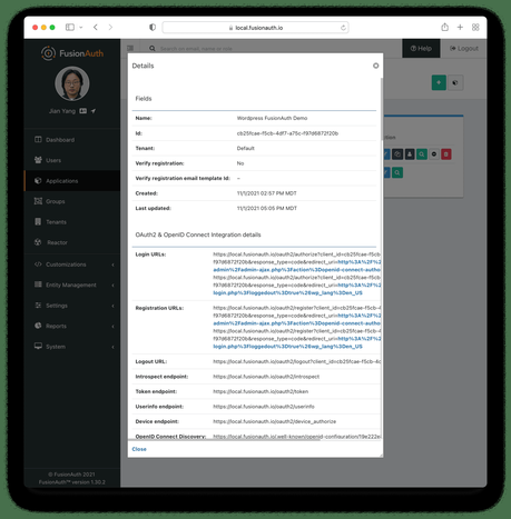 Comment configurer l’authentification unique entre FusionAuth et WordPress Affichage des détails de l'application.