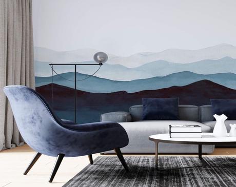 salon nuance de bleu papier peint montagne aquarelle japonisant
