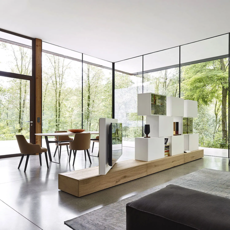 salon moderne élégant baie vitrée meuble télé modulable