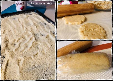 Bûche insert mousse framboises, mousse au chocolat blanc, biscuit pain de Gênes, croustillant amandes et pistaches