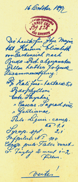 1897 — Ein Rezept für Kaiserin Elisabeth — Une ordonnance médicale  pour l'impératrice Elisabeth d'Autriche