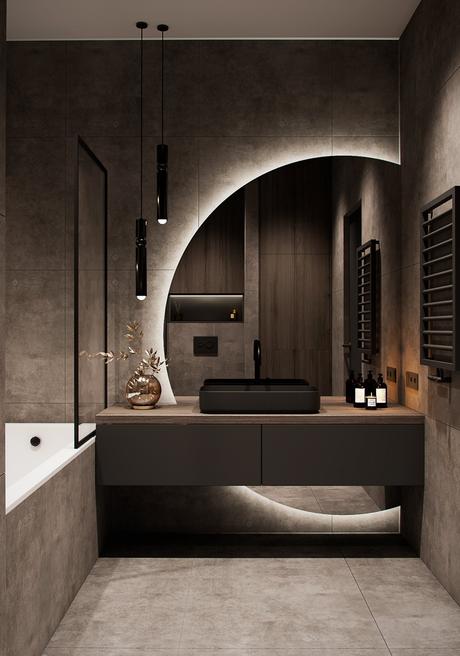 salle de bain moderne design miroir rond neon blanc suspension noire