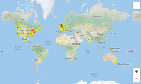 Pays concernés selon la carte des pannes Starlink via istheservicedown.com.  Les zones fortement touchées sont surlignées en rouge.