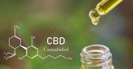Huile de CBD illustrée par la formule scientifique de la molécule cannabidiol Illustration scientifique d'une molécule de CBD sur fond d'huile de CBD sortant d'une pipette