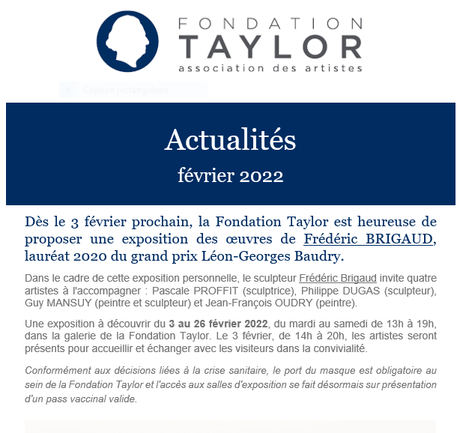 Fondation Taylor Février 2022 à partir du 3 Février 2022  » exposition Frédéric Brigaud