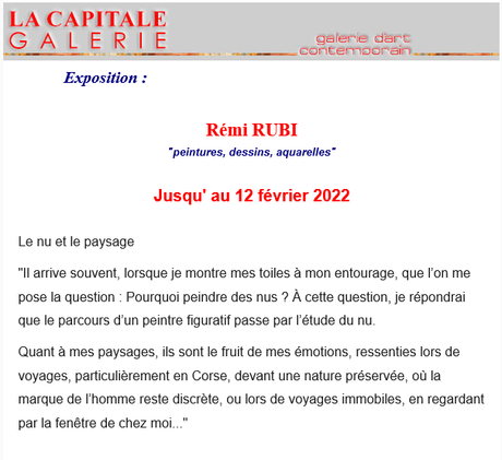Galerie La Capitale  exposition : Rémi RUBI – jusqu’au 12 Février 2022.