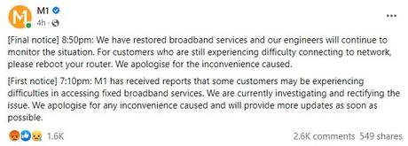 Les utilisateurs du haut débit M1 signalent une panne le 1er jour de CNY, la société s’excuse et conseille le redémarrage du routeur