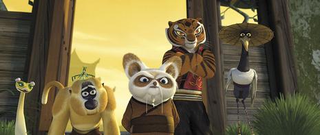 Master Viper (voiced by Lucy Liu)  , Master Monkey (voiced by Jackie Chan) , Shifu (voiced by Dustin Hoffman) , Master Tigress (voiced by Angelina Jolie)and Master Crane (voiced by David Cross) in DreamWorks Animation's Kung Fu Panda - 2008