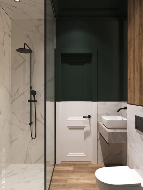salle de bains mur bicolore vert sapin blanc soubassement