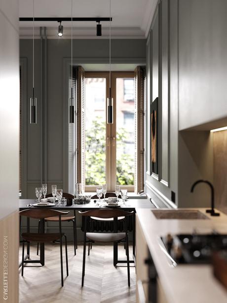appartement murs foncés gris olive déco à la française