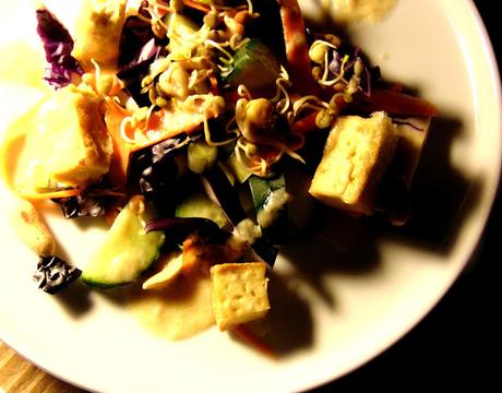 Salade de chou rouge, arachides et tofu, avec vinaigrette au tahini et citron