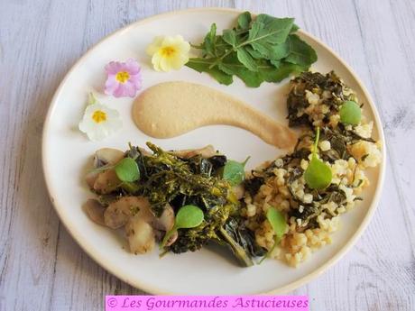Assiette complète Vegan aux champignons, fleurs de choux, boulgour, oseille et houmous
