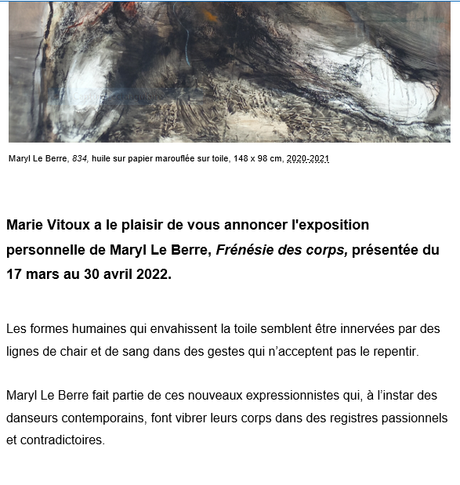 Galerie Marie Vitoux exposition « Frénésie des corps » Maryl Le Berre  – 17 Mars au 30 Avril 2022.
