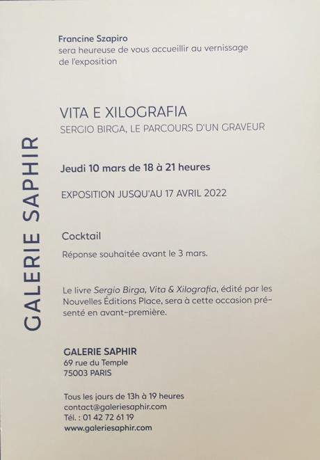Galerie Saphir « Vita e Xilografia » Sergio Birga -10 Mars au 17 Avril 2022.