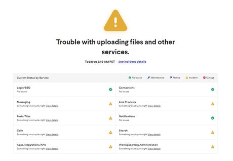 Est-ce que Slack est en panne ? Utilisateurs incapables d’envoyer des messages, de passer des appels ou de télécharger des fichiers Tableau de bord d'état Slack