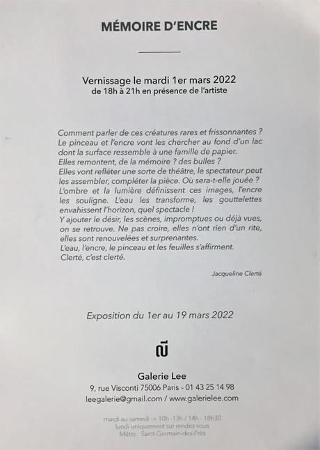 Galerie LEE  exposition Jean CLERTE « Mémoire d’encre » jusqu’au 19 Mars 2022.