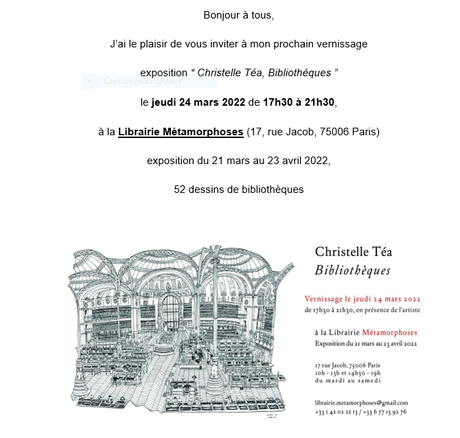 Exposition Christelle Téa « Bibliothèques » Librairie Métamorphoses à partir du 21 Mars 2022.