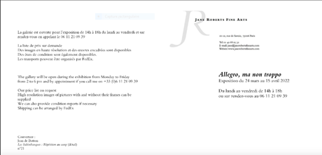 Galerie Jane Roberts  « Allegro ,  ma non troppo  » à partir du 24 Mars 2022.