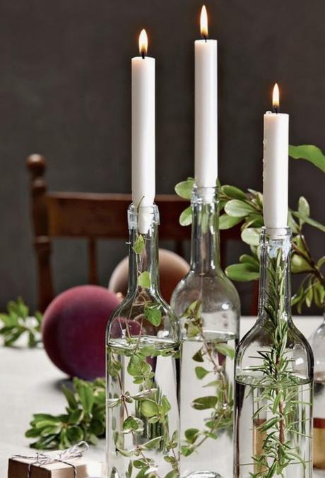 bougeoir verre recycle plantes vertes bougies blanches idée decoration mariage