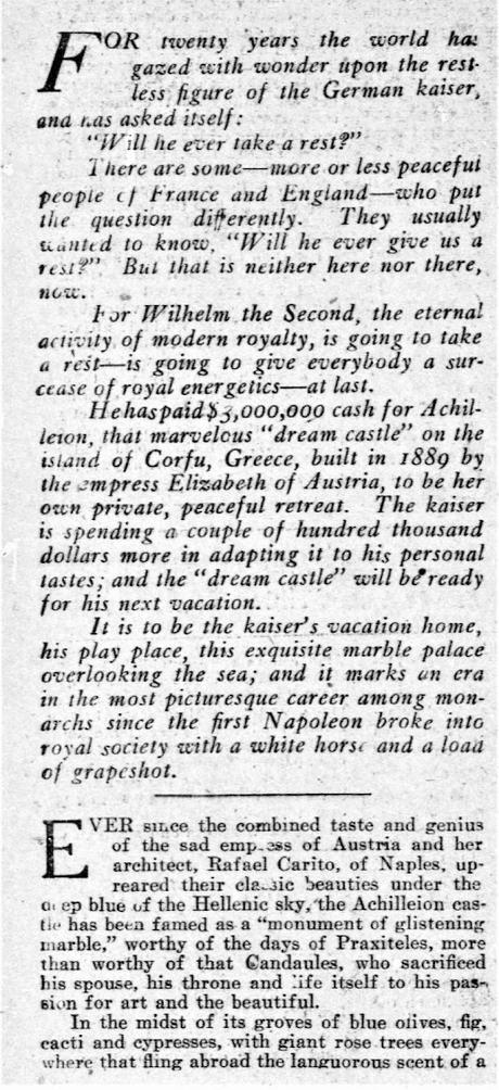 The Restless Kaiser's $ 3.000.000 Resting Place — Washington Times October 27, 1907