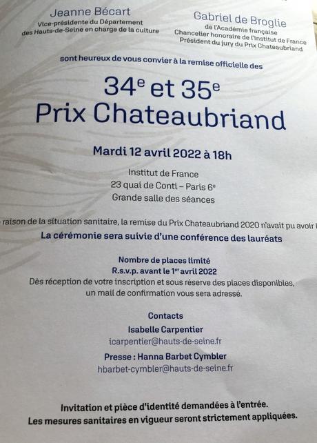 Prix Chateaubriand – remise officielle à l’Institut de France – le 12 Avril 2022.