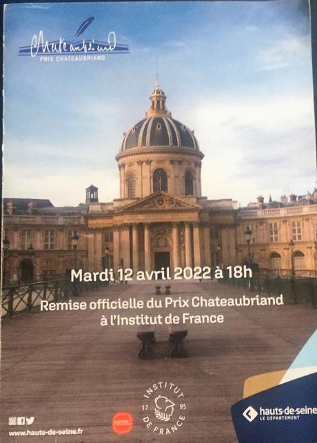 Prix Chateaubriand – remise officielle à l’Institut de France – le 12 Avril 2022.