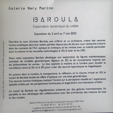 Galerie NMARINO  «  »Bardula «  » exploration dynamique du visible – jusqu’au 7 Mai 2022.