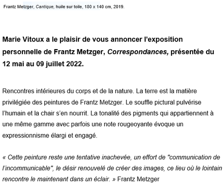 Galerie Marie Vitoux  « Correspondances » Frantz Metzger – 12 Mai au 9 Juillet 2022.