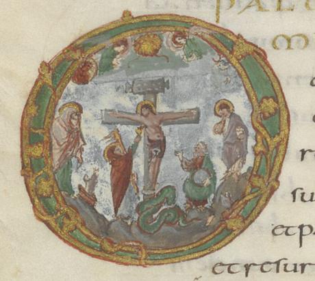 850 ca Metz Christ_en_croix,_sacramentaire_de_Drogon BNF MS lat. 9428 fol 43v gallica