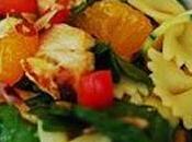 easy pasta chicken salad showcases Asian flavors with mandarin oranges, fresh ginger, rice vinegar, sesame oil.