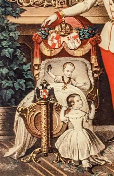 Le couple impérial avec le prince héritier Rodolphe et sa soeur Gisèle — Der Kaiserpaar mit dem Kronprinzen Rudolph und deren Schwester Gisela — Lithographie Wien 1859