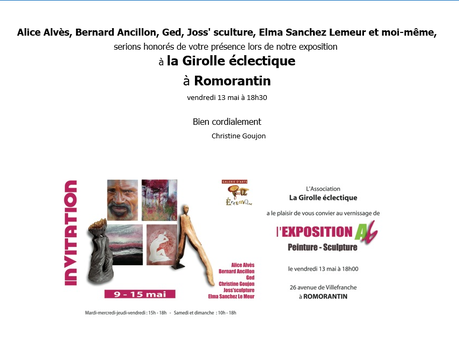 Exposition d’Art Contemporain à Romorantin -9/15 Mai 2022.Christine Goujon-Alice Alvès-Bernard Ancillon-Ged- Joss’ sculpure-Elma Sanchez.