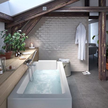 salle de bain spa sauna sol carrelage effet béton poutre bois apparente