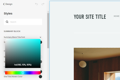 Revue Squarespace 2022 : fonctionnalités, prix et plus Éditeur de style Squarespace avec possibilité de sélectionner les options de couleur à partir d'un nuancier.