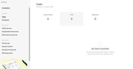 Revue Squarespace 2022 : fonctionnalités, prix et plus Vue d'analyse Squarespace avec des options pour afficher les données sur le volume de trafic, l'acquisition de trafic, l'engagement, etc.