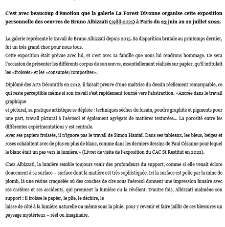 Galerie La Forest Divonne- exposition Bruno Albizzati -23 Juin au 22 Juillet 2022.
