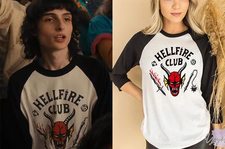 STRANGER THINGS : Mike’s hellfire club raglan tee in S4E01 STRANGER THINGS : Mike’s hellfire club raglan tee in S4E01