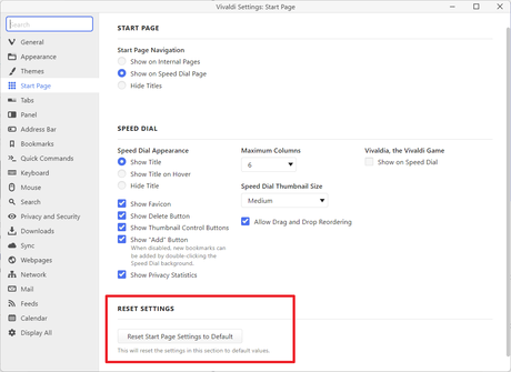 paramètres de réinitialisation de vivaldi