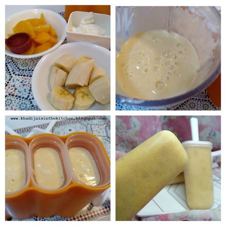 SUCETTES GLACÉES AUX PÊCHES, BANANES ET YAOURT GREC / PEACH, BANANA AND GREEK YOGURT POPSICLES / PALETAS DE MELOCOTÓN, PLÁTANO Y YOGUR GRIEGO / مصاصات الخوخ والموز والزبادي اليوناني