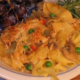 Cooked chicken or turkey breast, pasta, veggies, sherry and broth with creamy and cheesy elements, all baked into a classic. This casserole is a great way to use leftover turkey or chicken. Delicious and freezes well too.