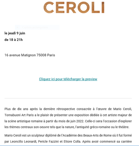Galerie Tornabuoni Paris  exposition Mario Ceroli – à partir du 9 Juin 2022.