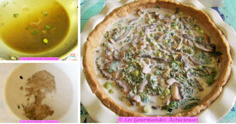 Tarte Vegan aux champignons, petits pois et épinards d'Asie Tarte Vegan aux champignons, petits pois et épinards d'Asie