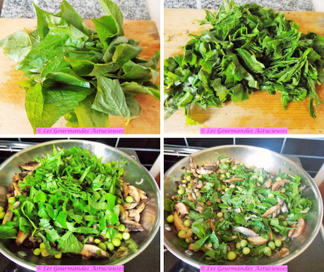 Tarte Vegan aux champignons, petits pois et épinards d'Asie Tarte Vegan aux champignons, petits pois et épinards d'Asie