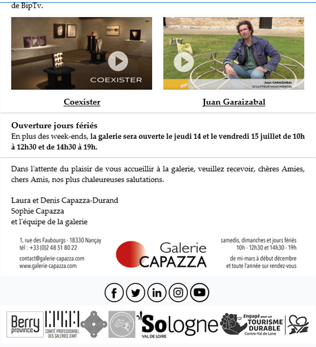 Galerie Capazza à Nançay en Sologne- en Juillet 2022. à partir du 9 Juillet.
