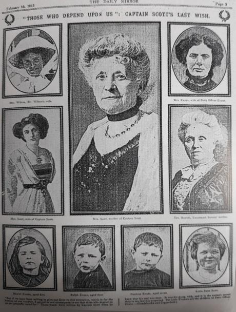 Page du Daily Mirror, 15 février 1913, montrant les veuves, les mères et les enfants des explorateurs polaires décédés