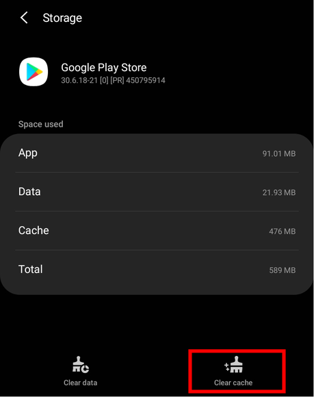 Bouton Effacer le cache dans Google Play Store