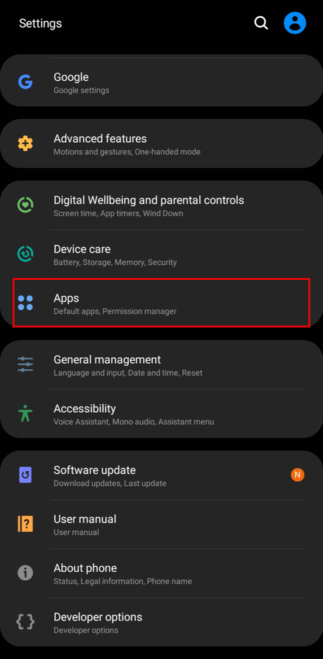 Panneau des applications sur l'application Paramètres d'un appareil Android
